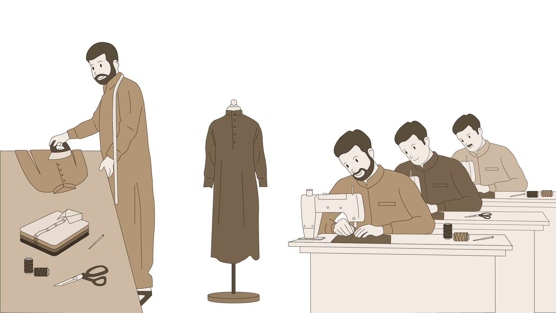 A skilled tailor crafting a custom men's thobe at Beqamis